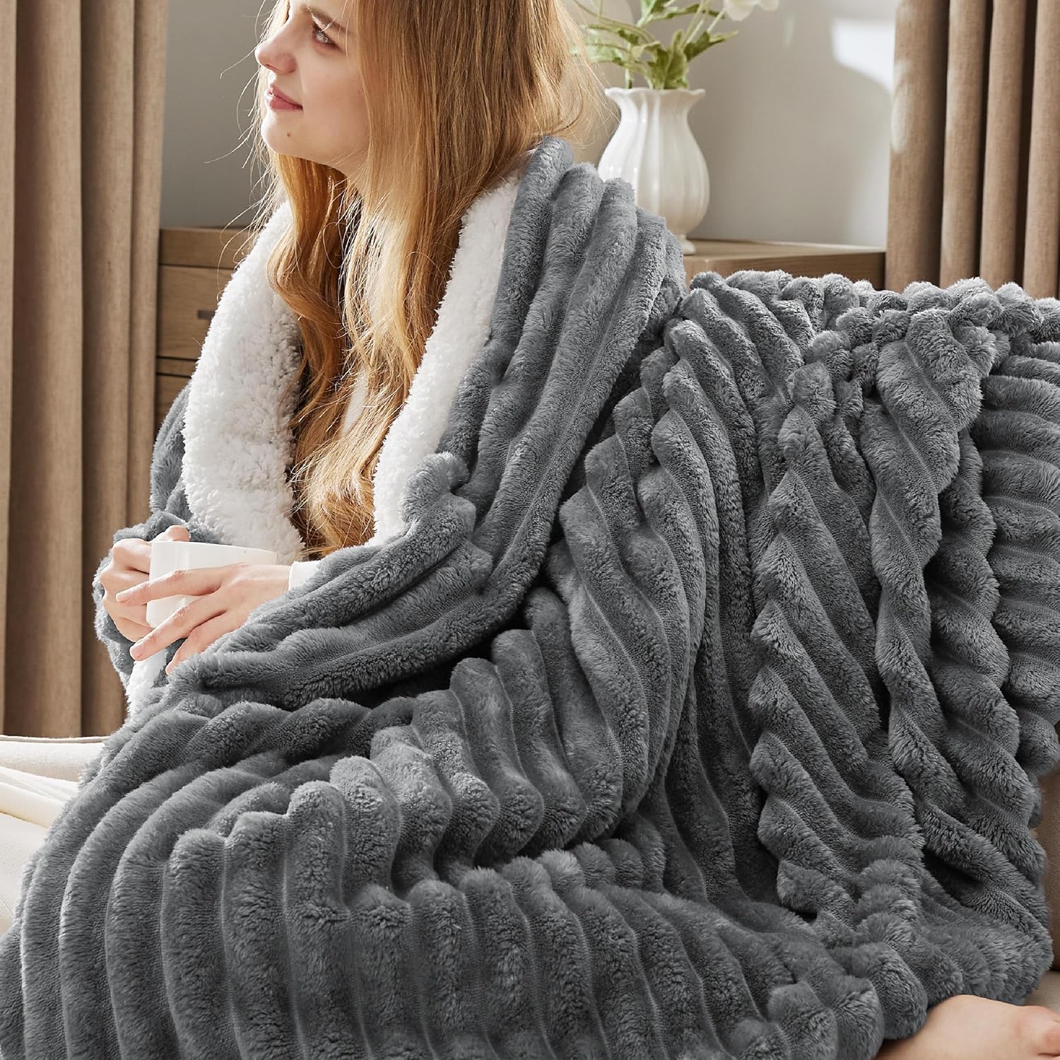 Giftable grey fleece blanket for couch or bed