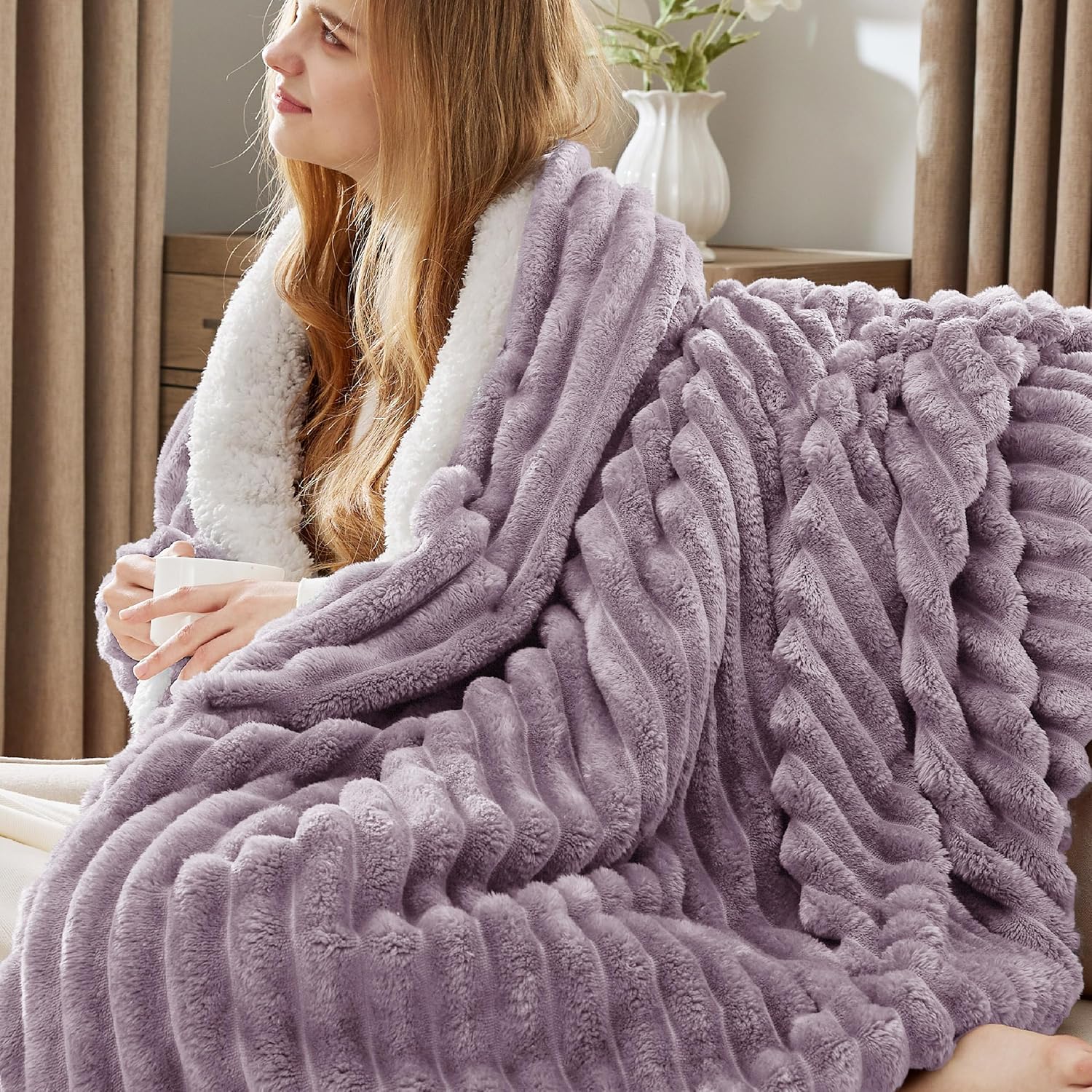 Plush purple sherpa blanket closeup texture